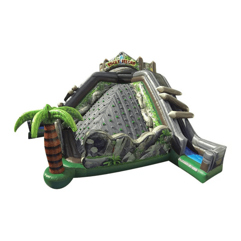 Rocky Island Obstacle Course – Tropical-Themed Inflatable Challenge for Rentals Front Left View