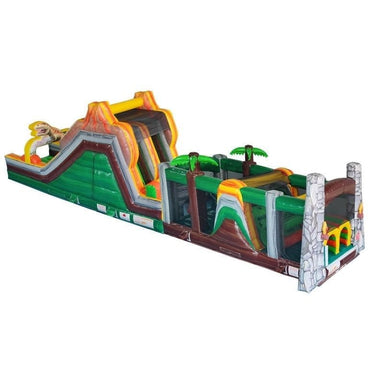 Eagle Bounce 53'L Jurassic Obstacle Course and Slide Jungle Theme Whole View on White Background