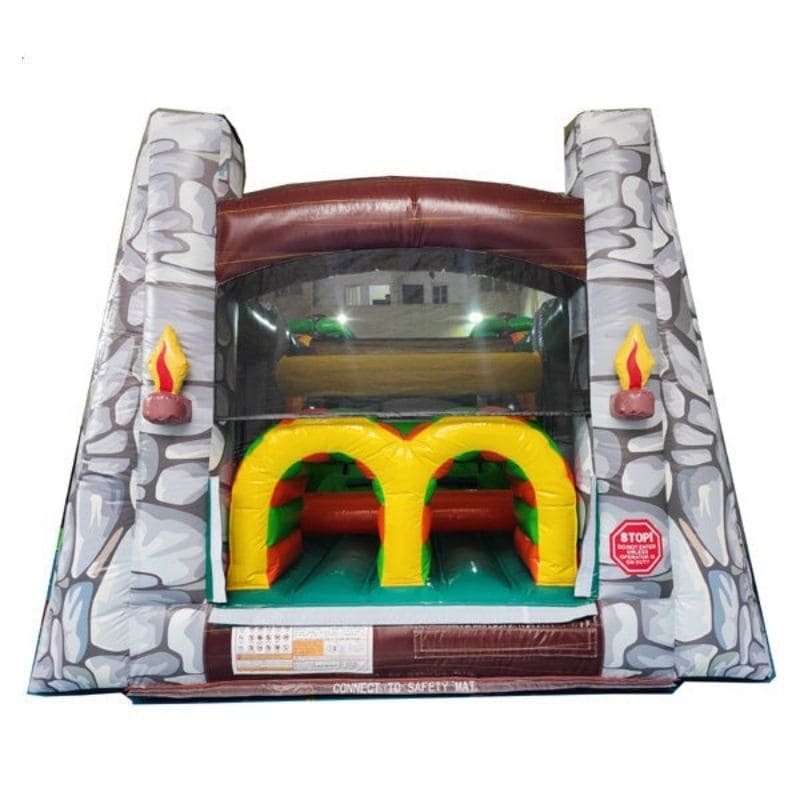 Eagle Bounce 53'L Jurassic Obstacle Course and Slide Jungle Theme Front Entrance View on White Background