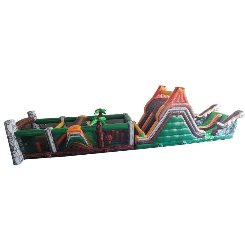 Eagle Bounce 66'L Jurassic Obstacle Course Wet n Dry with Slide Right Side Whole View on White Background
