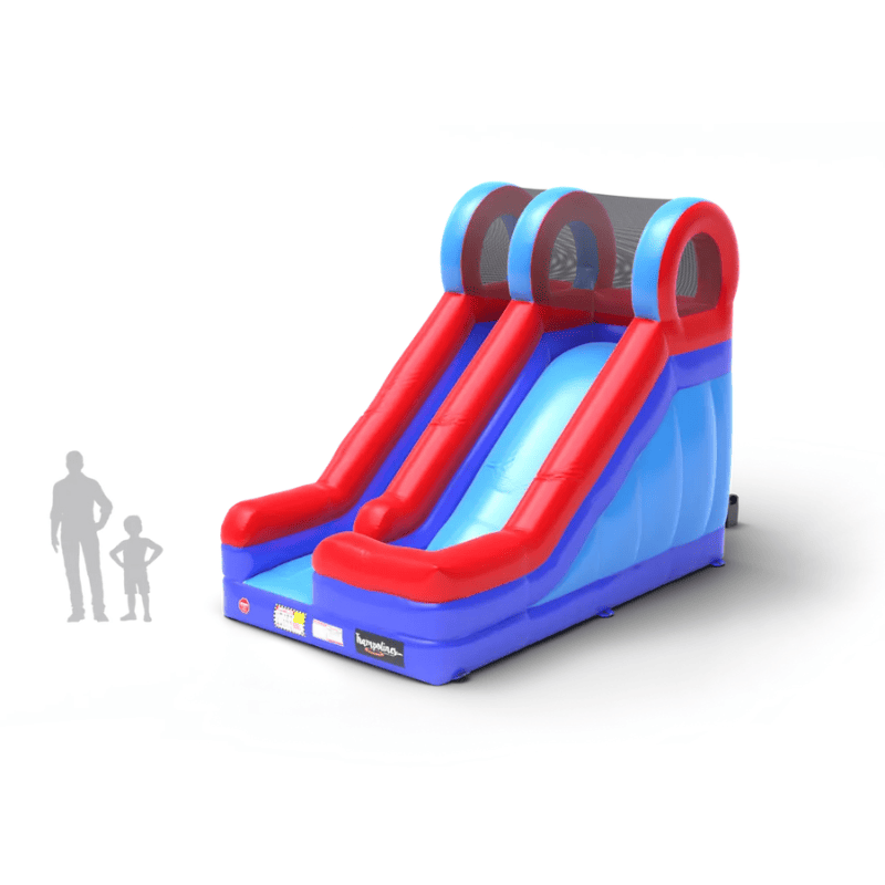 Avyna Mega Slide Pro Inflatable Front Left Render View with People Scaled