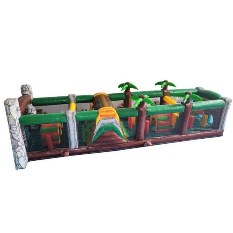 Eagle Bounce 75'L Jurassic Commercial Obstacle Course Wet n Dry Side Obstacle Jungle View on White Background
