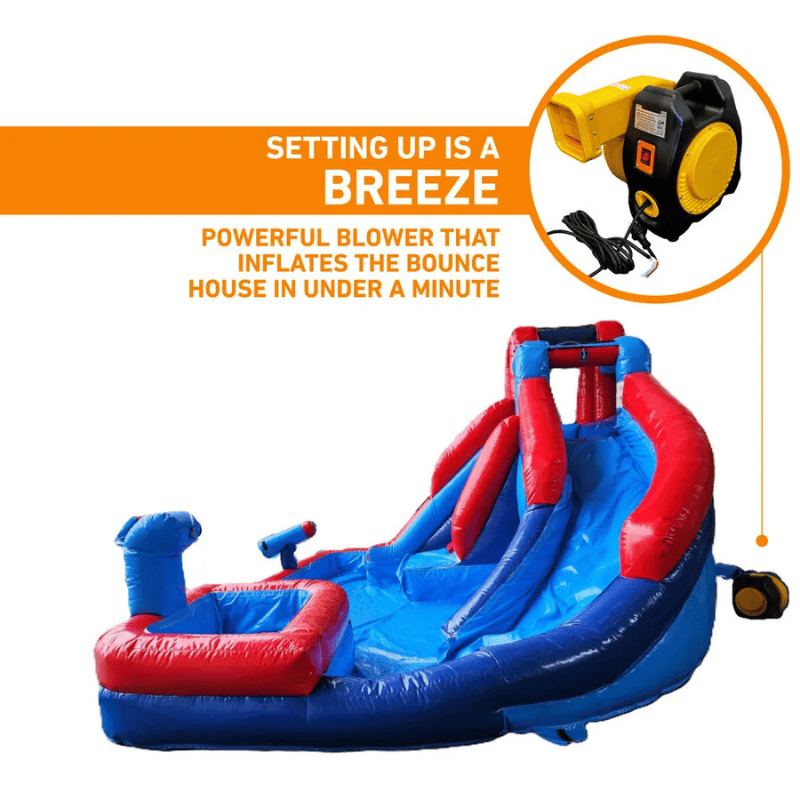 Avyna Extreme Waterpark Pro Inflatable Water Slide Left View with Blower Information