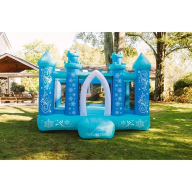 KidWise Princess Party Palace Bouncer Inflatable Bounce House in Blue Front View in Backyard
