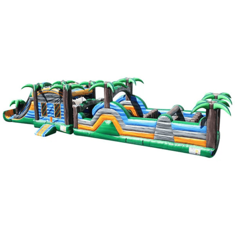 60ft Tropical Paradise #1 Obstacle Course – Sunny Resort-Themed Inflatable Front View