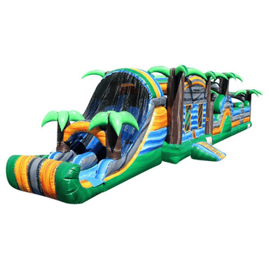60ft Tropical Paradise #1 Obstacle Course – Sunny Resort-Themed Inflatable Front Left View