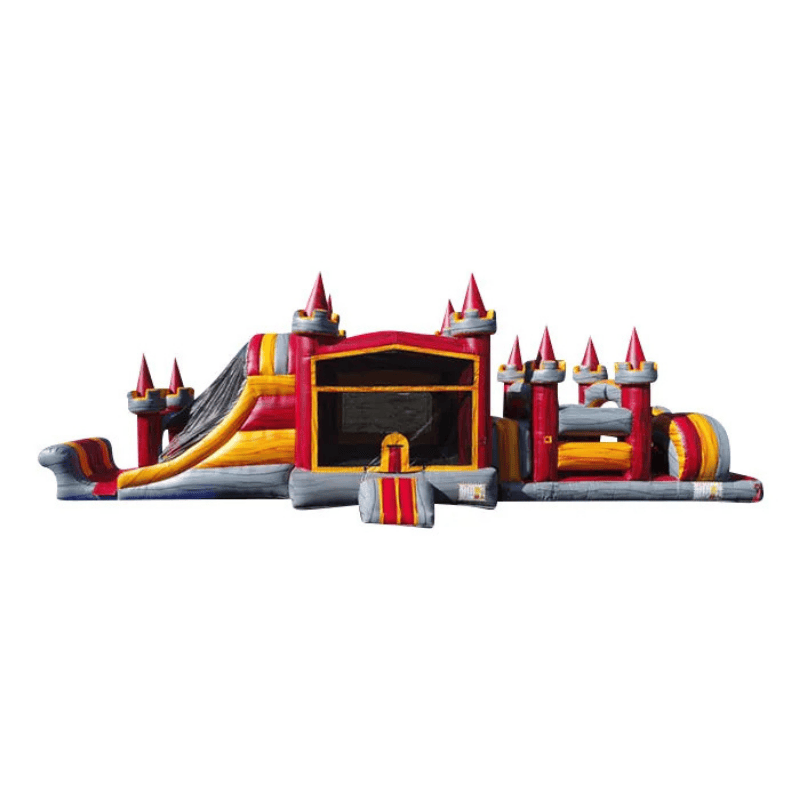 49ft Red Castle Obstacle Course – Bold Royal-Themed Inflatable for Events Front View