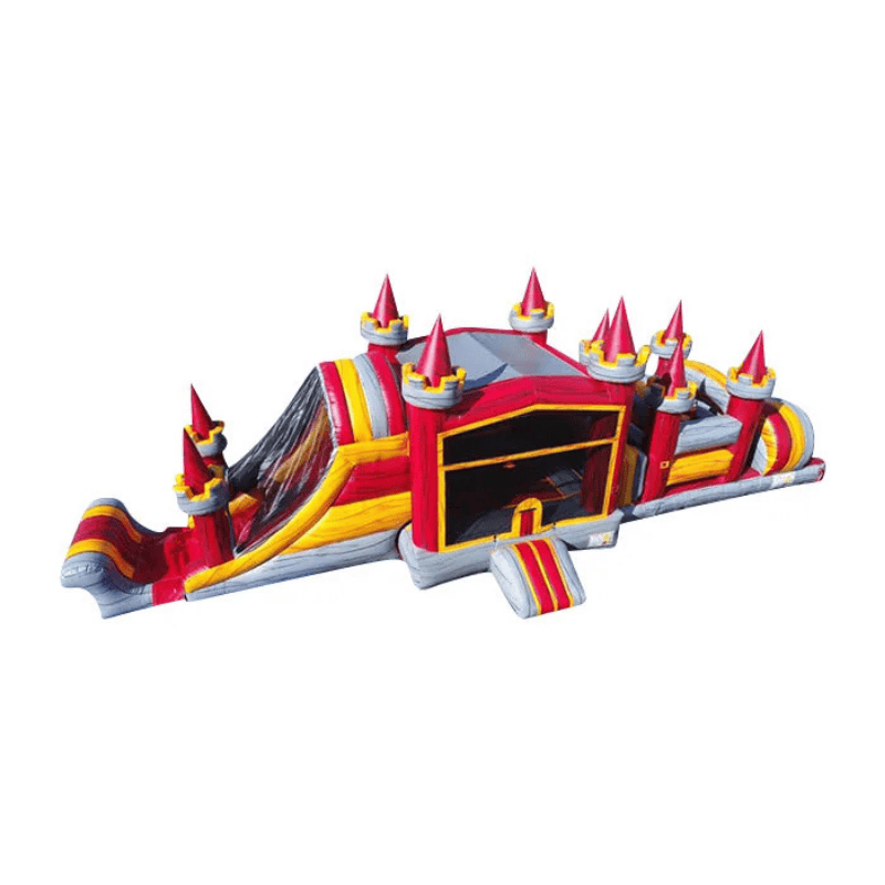 49ft Red Castle Obstacle Course – Bold Royal-Themed Inflatable for Events Front Top View