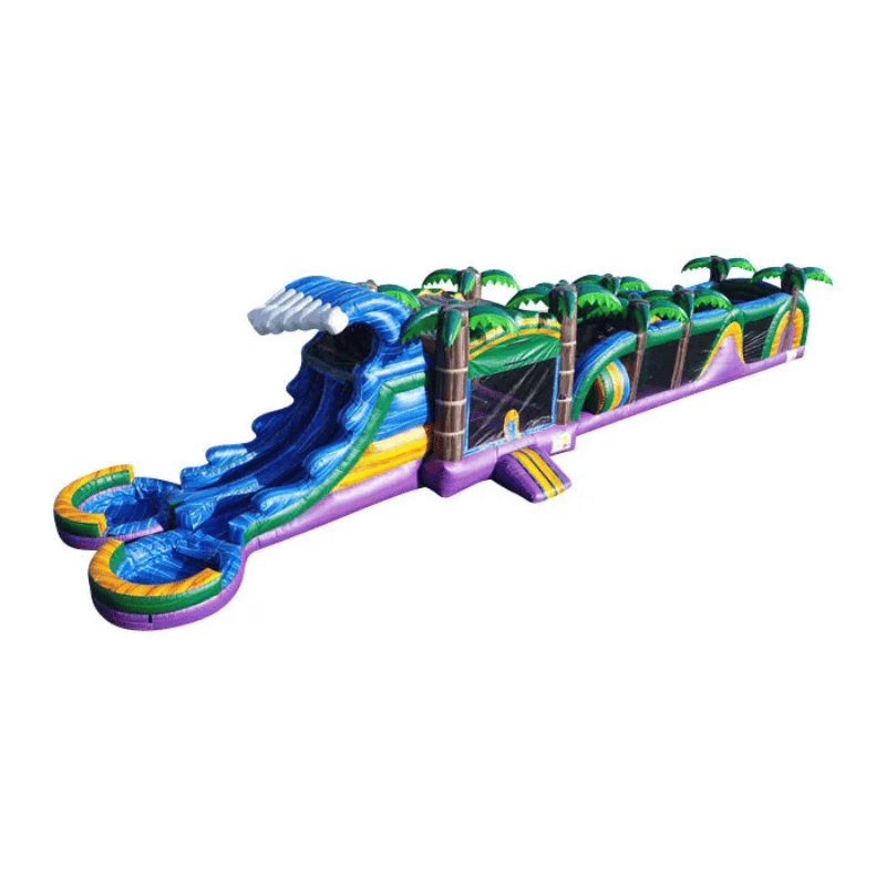 70ft Tropical Oasis Obstacle Course – Island Journey Inflatable Race Front Right View