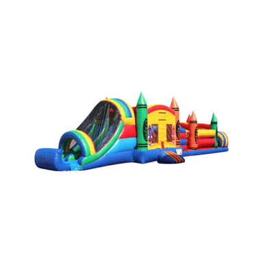 49ft Crayon Bounce Obstacle Course – Colorful Inflatable for School Events Front Right View