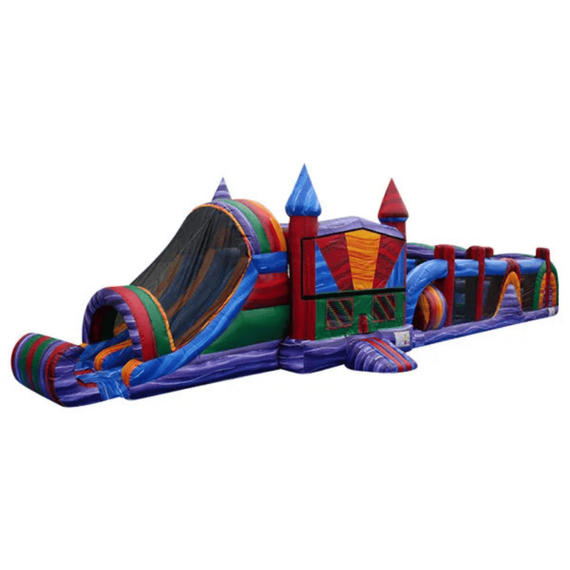 65ft Marble Mayhem Obstacle Course – Bold Multi-Color Inflatable Challenge Front Right View