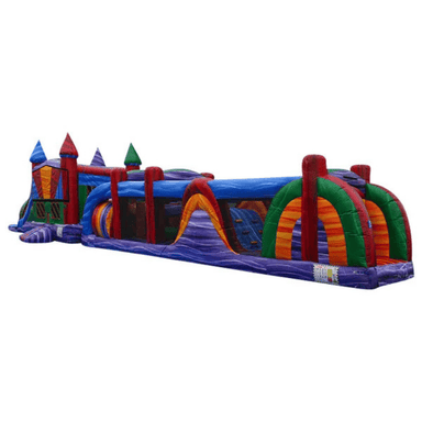 65ft Marble Mayhem Obstacle Course – Bold Multi-Color Inflatable Challenge Front Left View