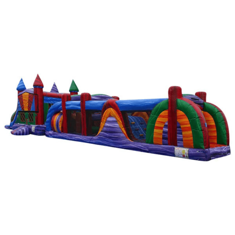 65ft Marble Mayhem Obstacle Course – Bold Multi-Color Inflatable Challenge Front Left View