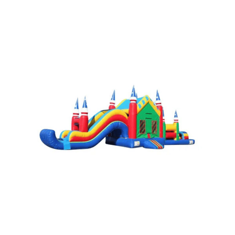 46ft Castle Obstacle Course – Medieval-Themed Inflatable for Rentals Front Right Far View
