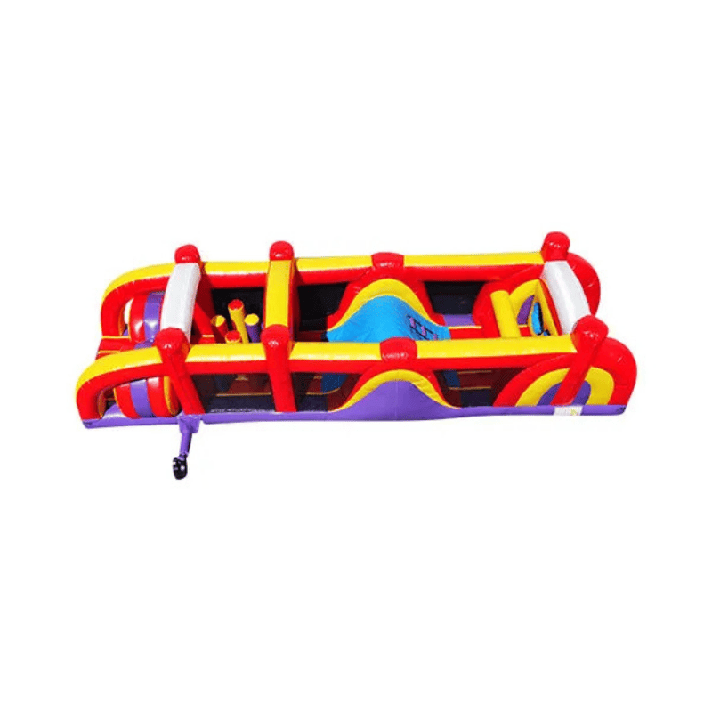 38ft Sunny Obstacle Course – Bright Yellow Inflatable with Slide and Hurdles Top Left View
