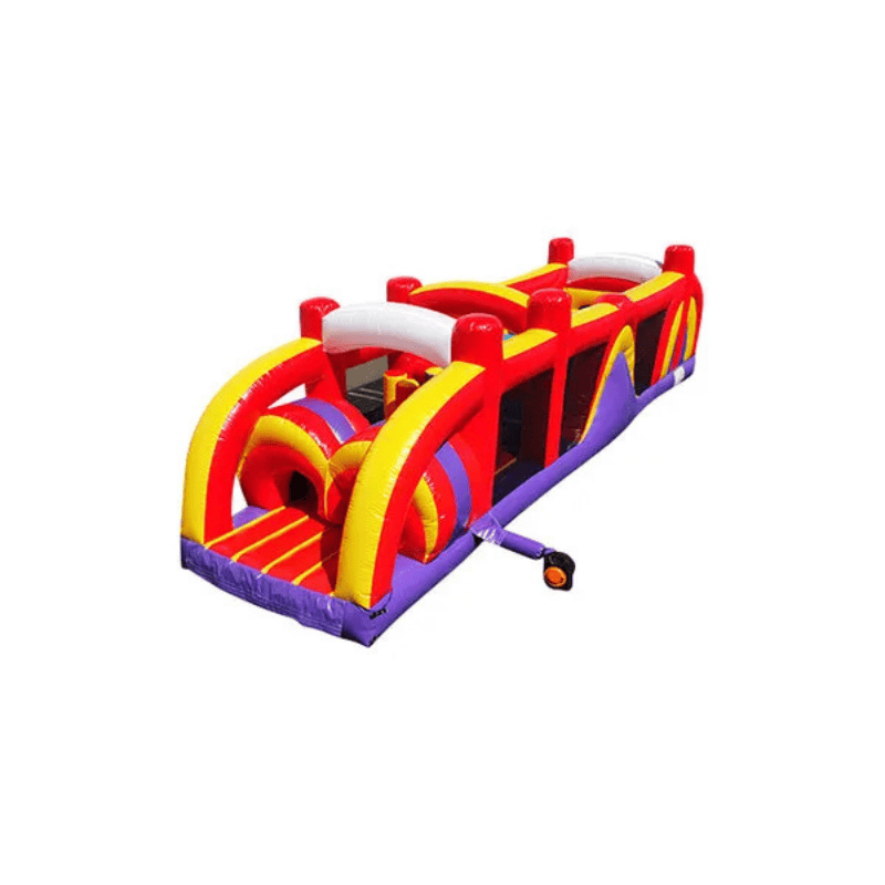 38ft Sunny Obstacle Course – Bright Yellow Inflatable with Slide and Hurdles Front Left View