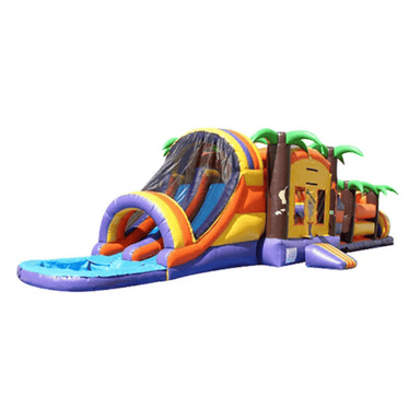 53ft Tropical Obstacle Course – Compact Island Bounce and Slide Combo Front Right View