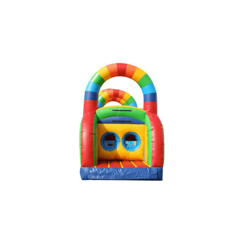 68ft Rainbow Obstacle Course – Colorful Inflatable for School and Community Events Front Tunnel View