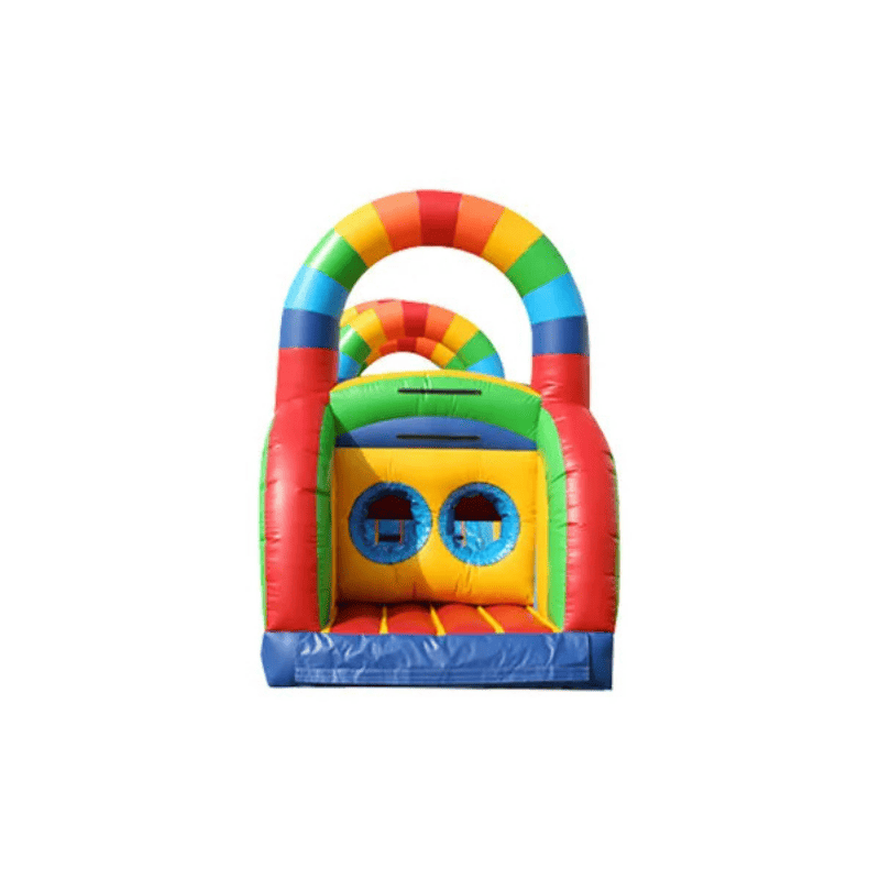 68ft Rainbow Obstacle Course – Colorful Inflatable for School and Community Events Front Tunnel Close View
