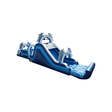 59ft Dolphin Obstacle Course – Ocean-Themed Inflatable with Marine Graphics Front Right View
