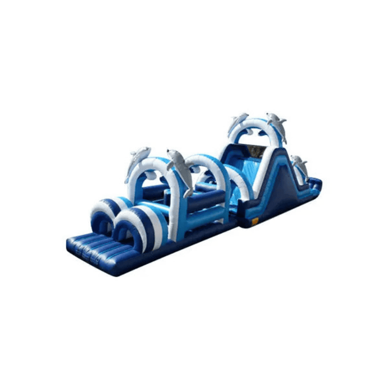 59ft Dolphin Obstacle Course – Ocean-Themed Inflatable with Marine Graphics Rear Right View