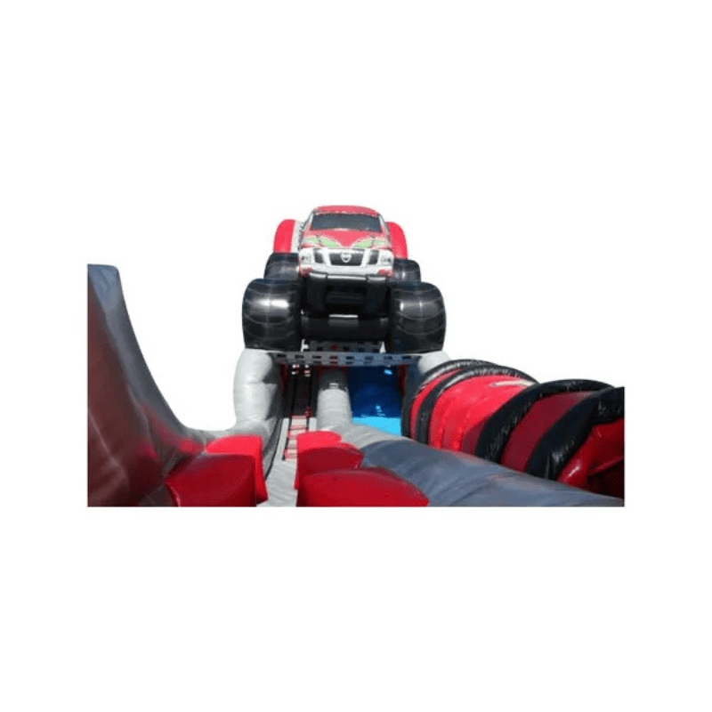 85ft Monster Truck Obstacle Course – Oversized Inflatable with Racing Theme Ramp View