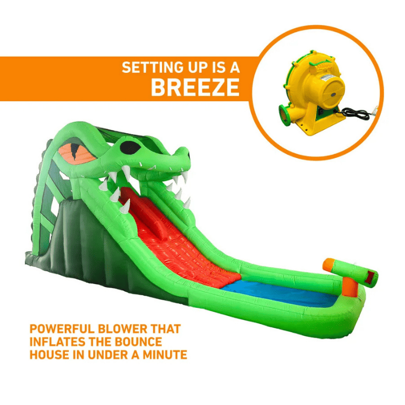 Avyna Dragon's Lair Waterslide Inflatable Front Right View with Blower Information
