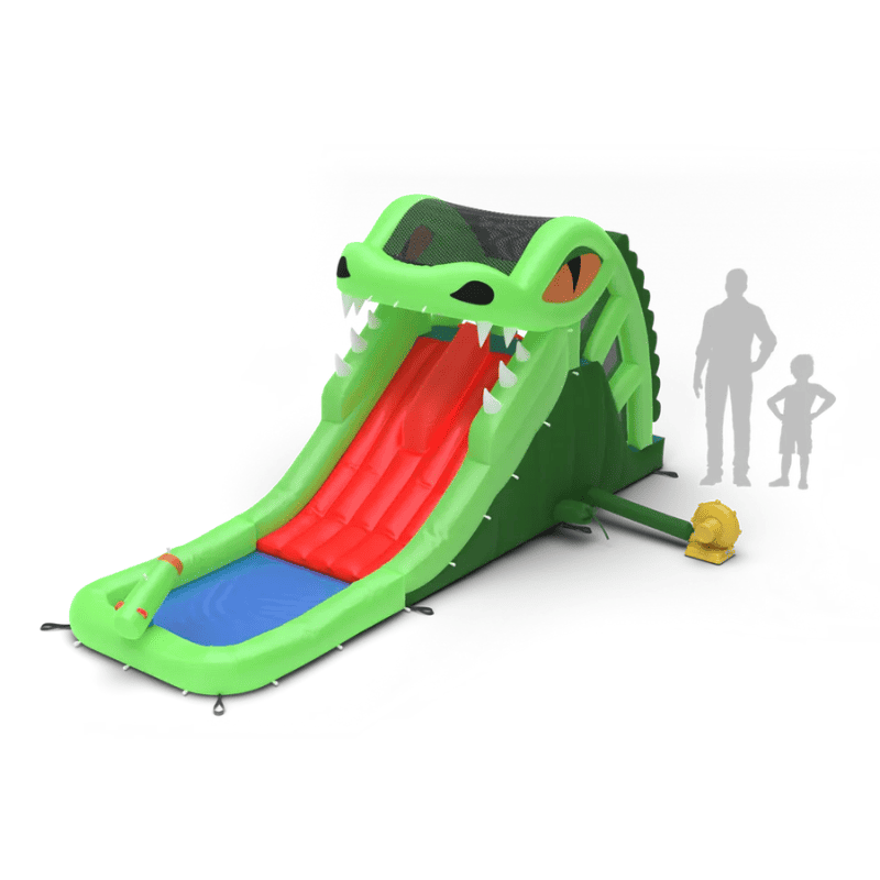 Avyna Dragon's Lair Waterslide Inflatable Front Left Render View with People Scaled