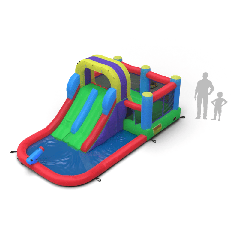 Avyna Royal Wave Bounce House 1 with Inflatable Water Slide Top Left Render with People Scaled