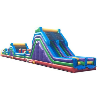 Eagle Bounce 85'L Obstacle Course w Removable Pool in Rainbow Rear Left View on White Background
