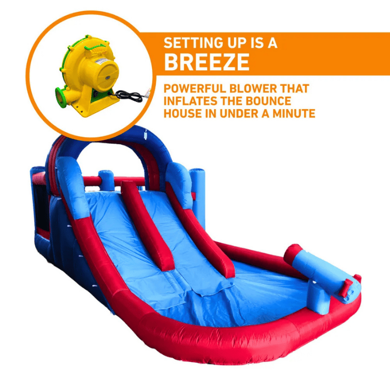 Avyna Royal Wave Bounce House 2 with Water Slide Front Right View with Blower Information