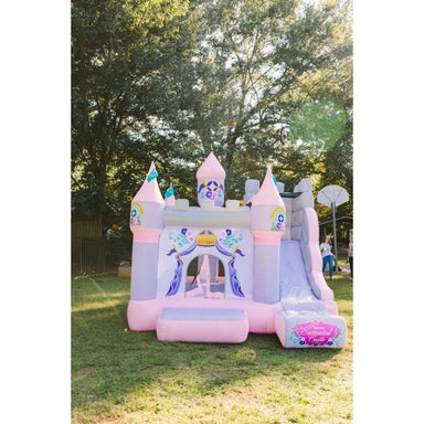 KidWise Princess Enchanted Castle with Slide Residential Bounce House Front View in Backyard