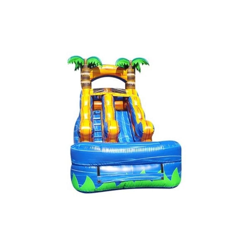 Bouncing Angels Tropical Inflatable Water Slide - 12 ft in Blue and Yellow Front
