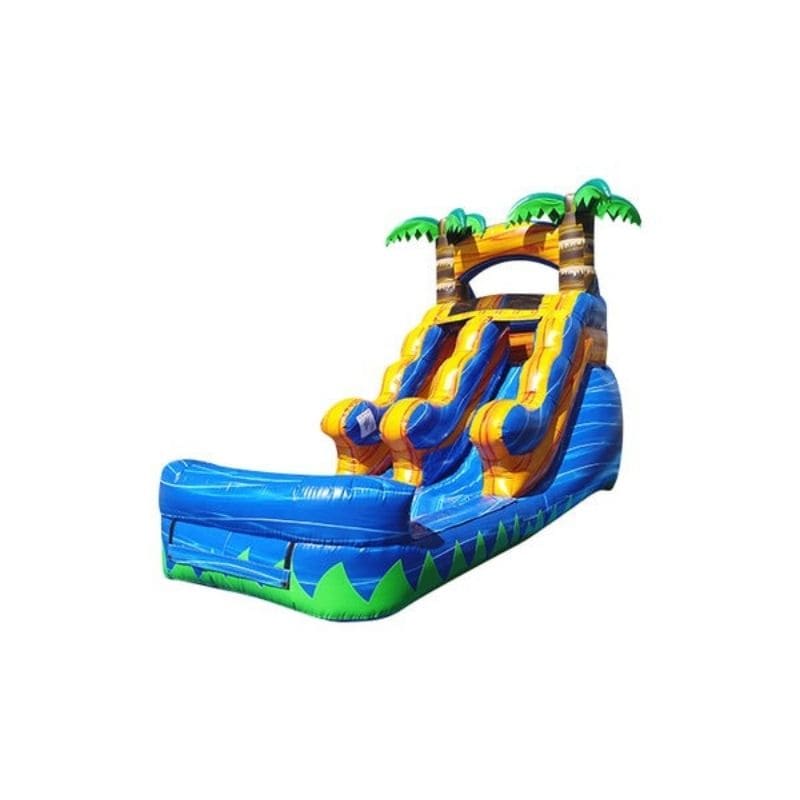 Bouncing Angels Tropical Inflatable Water Slide - 12 ft in Blue and Yellow Front Left