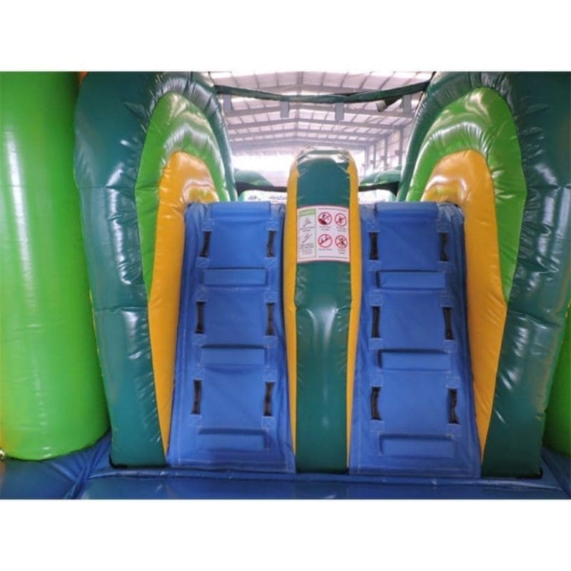 Ladder View of Green Commercial Combo with Dual Lane Slides by Eagle Bounce