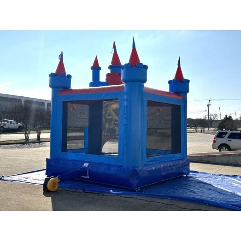 Rear View of 12 FT Brave Knight Blue Castle Bounce House Outside