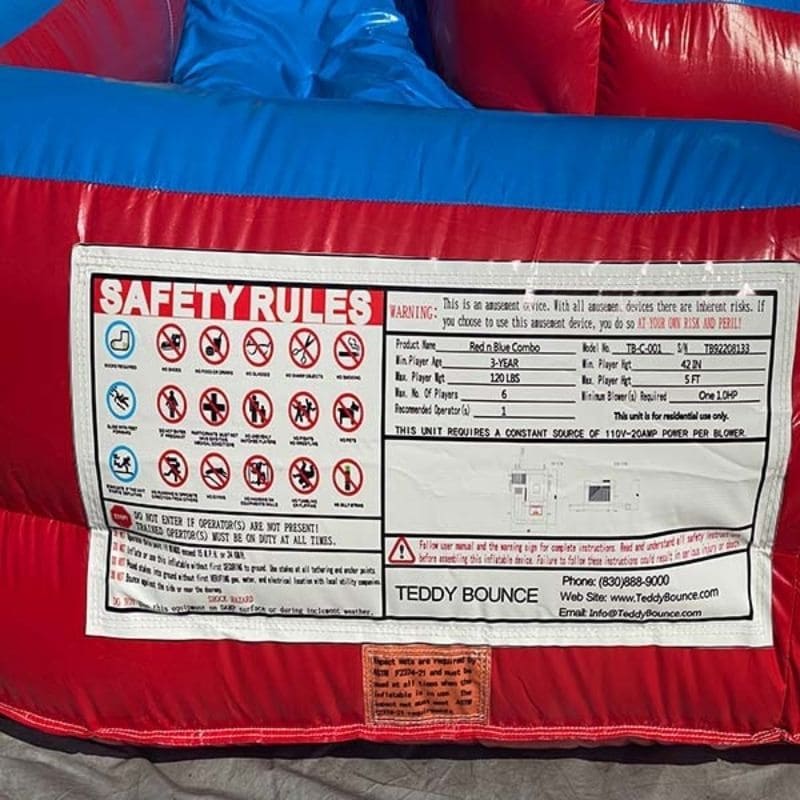 Eagle Bounce Close Up Safety Rules on Red and Blue Combo Bounce House
