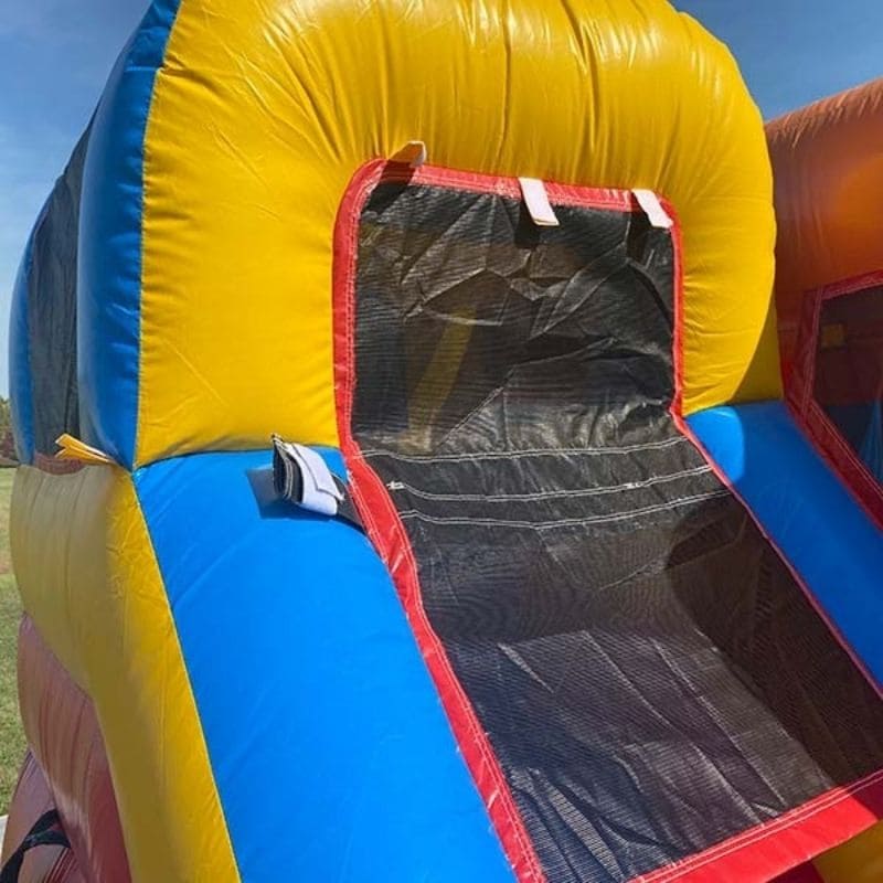 Mesh of Slide on Red and Blue Bounce House with Slide