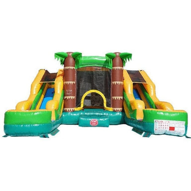 Front View of the Palm Tree Combo Bounce House with Dual Lane Slides