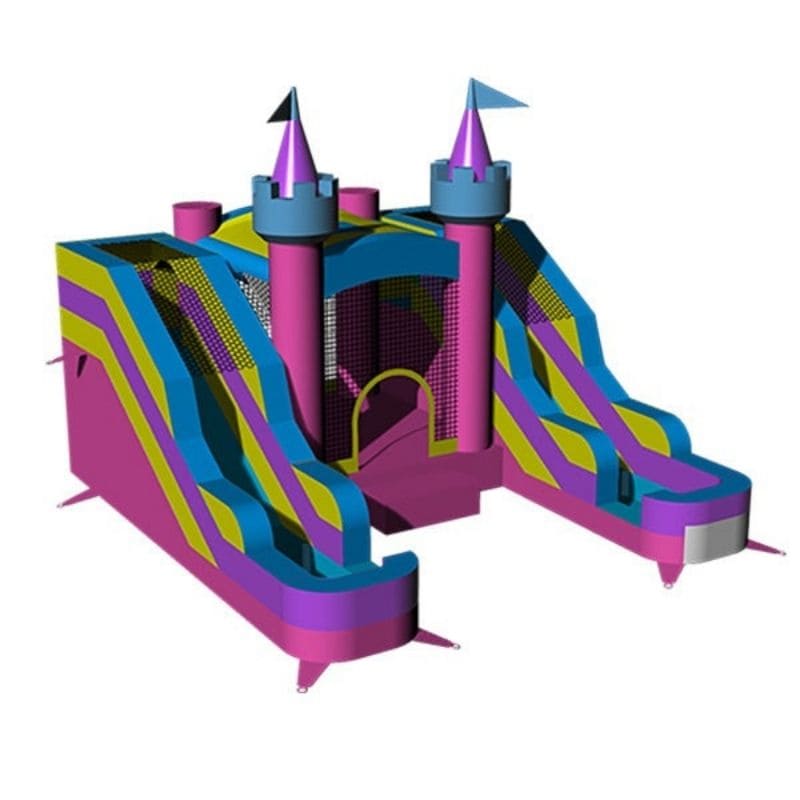 Render of 17 FT Dual Lane Princess Combo Bounce House in Pink Blue and Yellow