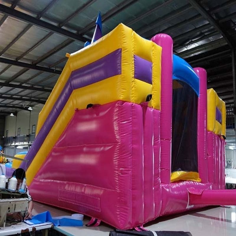 Rear Left View of Pink and Yellow Princess Dual Lane 17 Foot Combo Bounce House