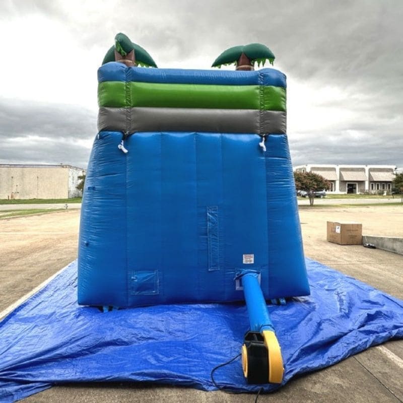 Rear View of Eagle Bounce 15'H Palm Tree Slide in Blue with Blower Port