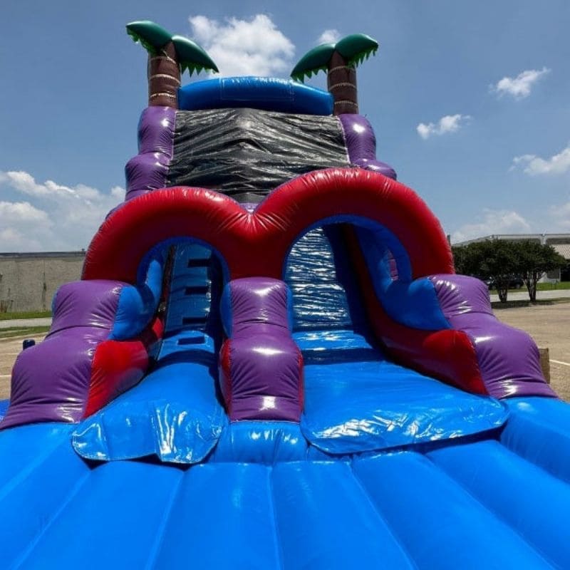 Front Close Up View of Eagle Bounce 15 FT Purple Palm Tree Slide Wet and Dry Commercial Grade