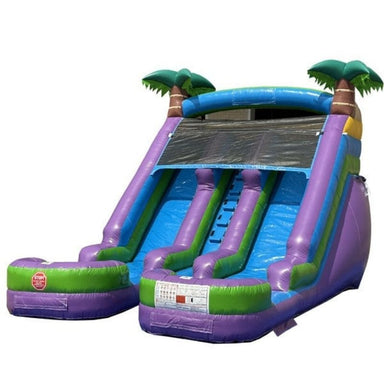 Front Left View of Eagle Bounce Commercial Grade 13 FT Dual Lane Purple Palm Tree Water Slide