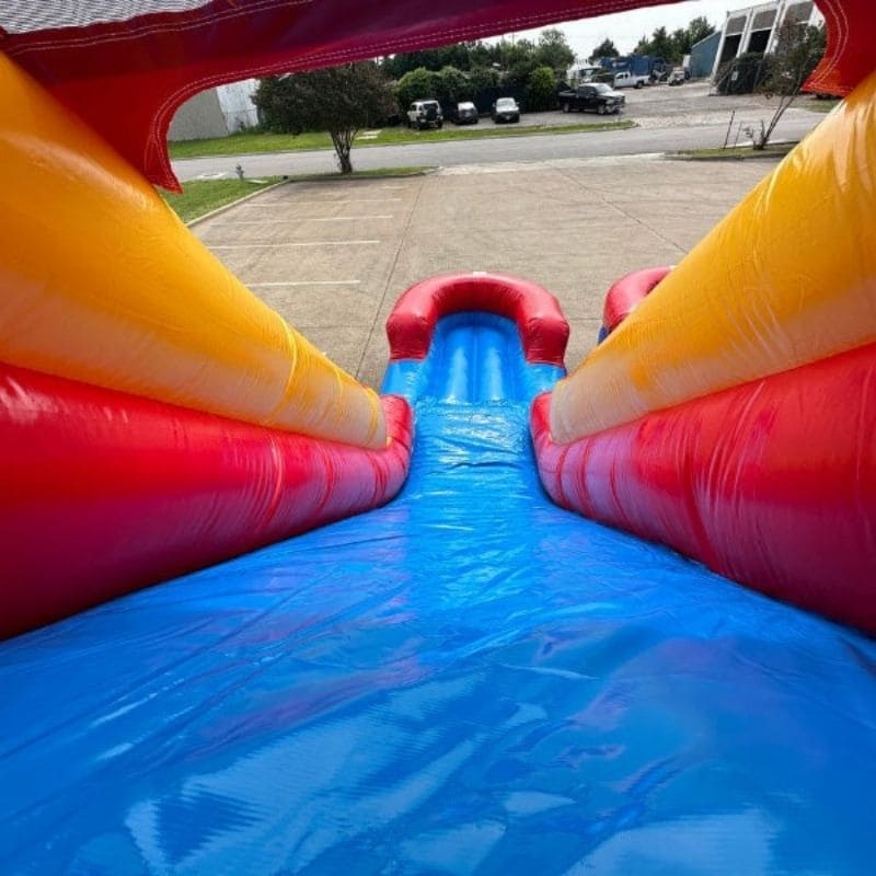 Top of SlideOverlook View on Eagle Bounce Dual Lane Red and Blue Dura Lite Slide Wet N Dry
