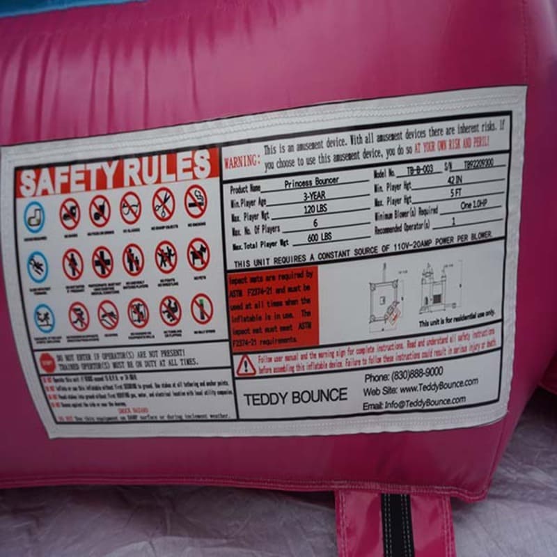 Pink and Blue Princess Bounce House Safety Info