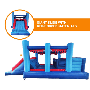 Avyna Royal Palace 2 Bounce House with Obstacle Course Side View with Slide Info