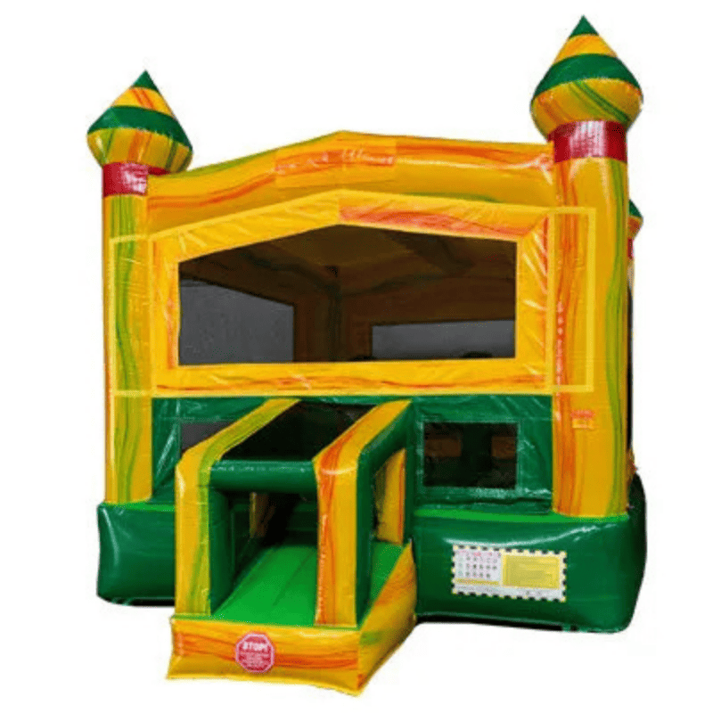 Moonwalk USA Fiesta Castle Bounce House in Green and Yellow Front Left View