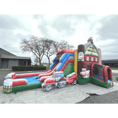 Moonwalk USA 2-Lane Farm Bounce House Combo Wet n Dry Front Right Outside View