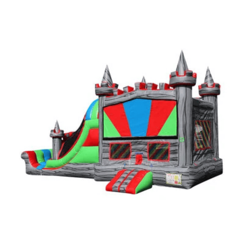 27ft Grey Castle Mod Combo – Modern Castle Bounce House with Slide Front Left View